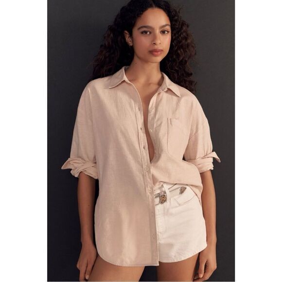 NEW Anthropologie Maeve Bennet Oversized Buttondown Taupe Linen Shirt X-Large - Picture 3 of 6